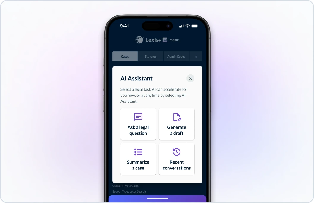 Smartphone with the AI assistant on the screen and the text select a legal task AI can accelerate for you now, or at any time by selecting AI Assistant. Then there are four buttons with the option to ask a legal question, generate a draft, summarize a case, and recent conversations.