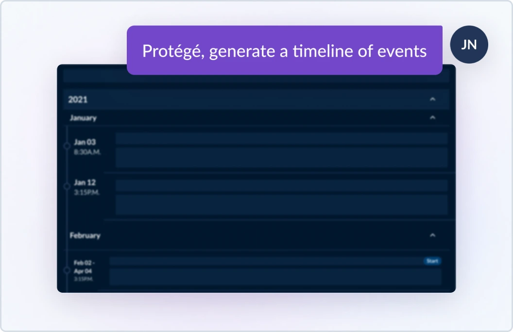 Example prompt of a user asking the Protege feature in Lexis+ AI to generate a timeline of events.