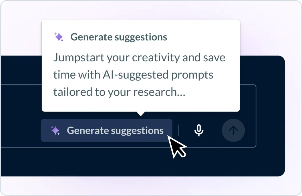 Generate Suggestions for a Legal AI prompt tool tip is shown. A user can select Generate Suggestions to “Jump start your creativity and save time with AI-suggested prompts tailored to your research.”