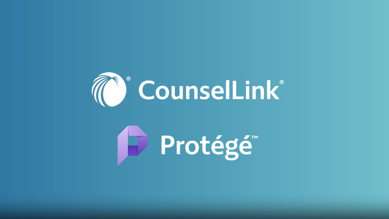  Protégé and CounselLink logos against a blue background