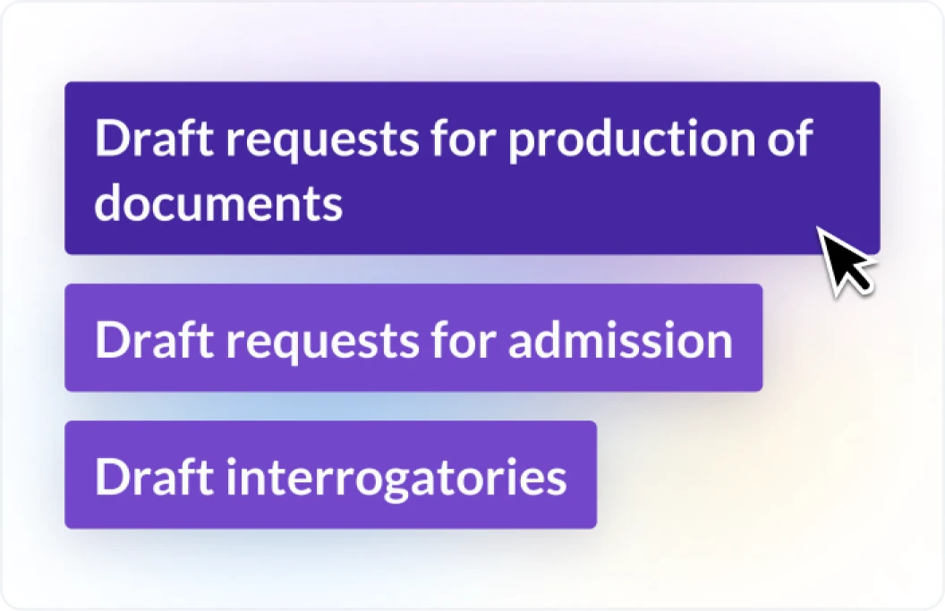 Examples of discovery requests a user might input into Lexis+ AI. First example is draft requests for production of documents. Second example is draft requests for admission. Third example is draft interrogatories.