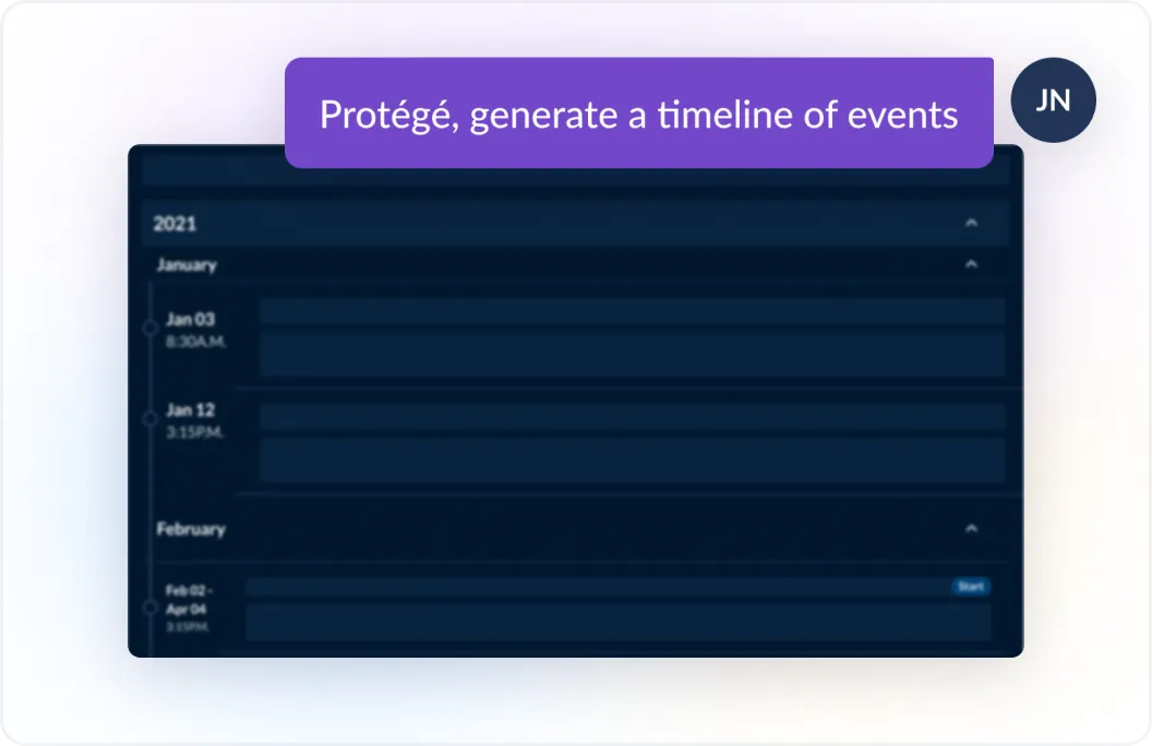 Example prompt of a user asking the Protege feature in Lexis+ AI to generate a timeline of events.