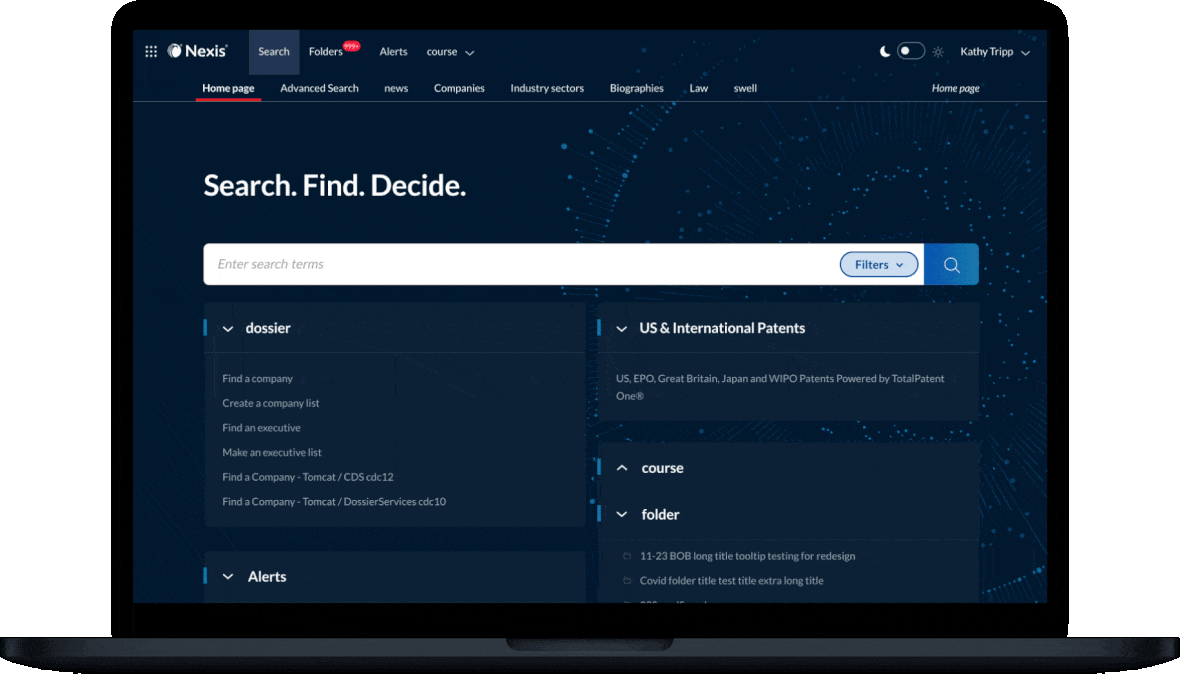 Preview of the Nexis platform highlighting its intuitive design, demonstrating the use of search options for conducting business research.