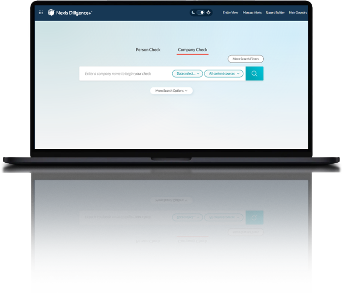 Laptop displaying the Nexis Diligence+ enhanced due diligence software interface