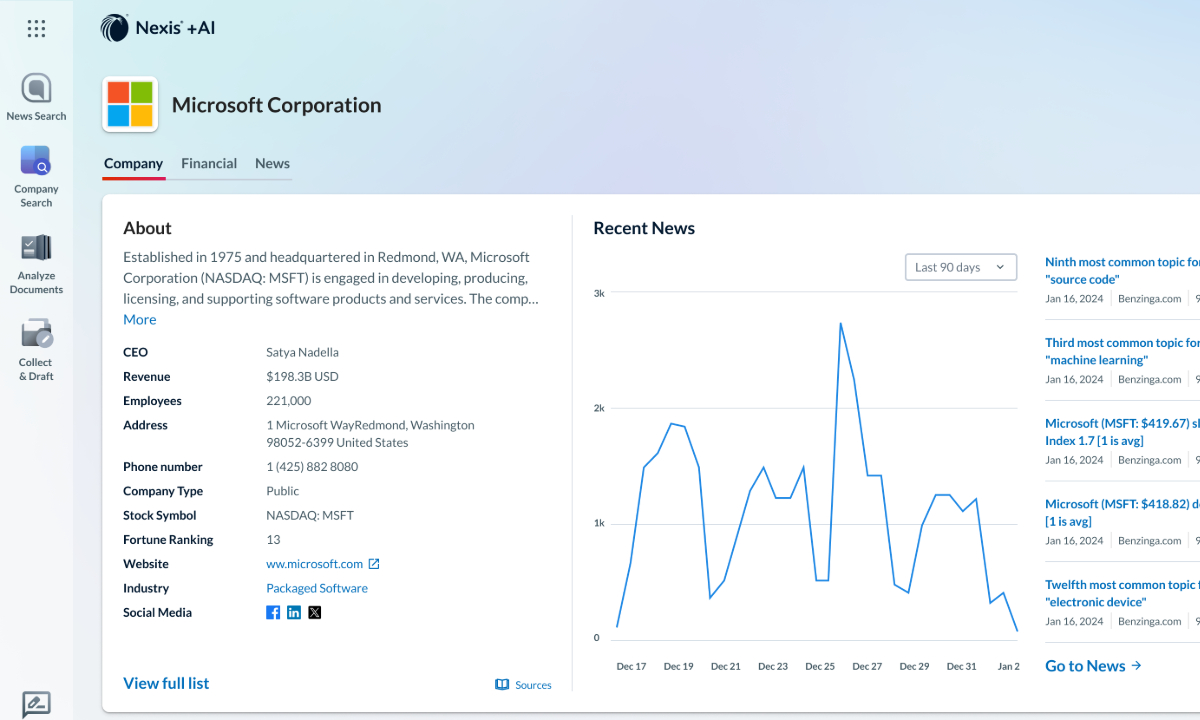 Nexis+ AI product interface displaying company search uses for academic research