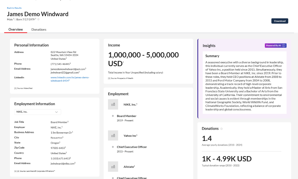Nexis for Development Professionals product interface displaying donor research and wealth indicator features